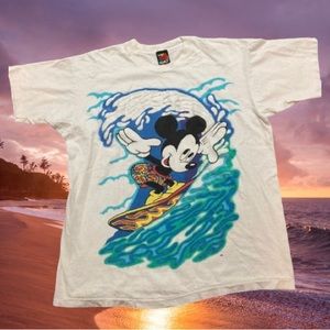 Vintage 1980s mens Xl Mickey Mouse fire on water puff print surf shirt